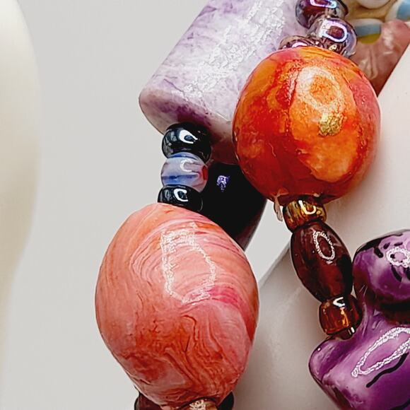 Artisan Memory Wire Bracelet w/ Purple Cats, Floral & Art Glass Beads - Picture 6 of 10